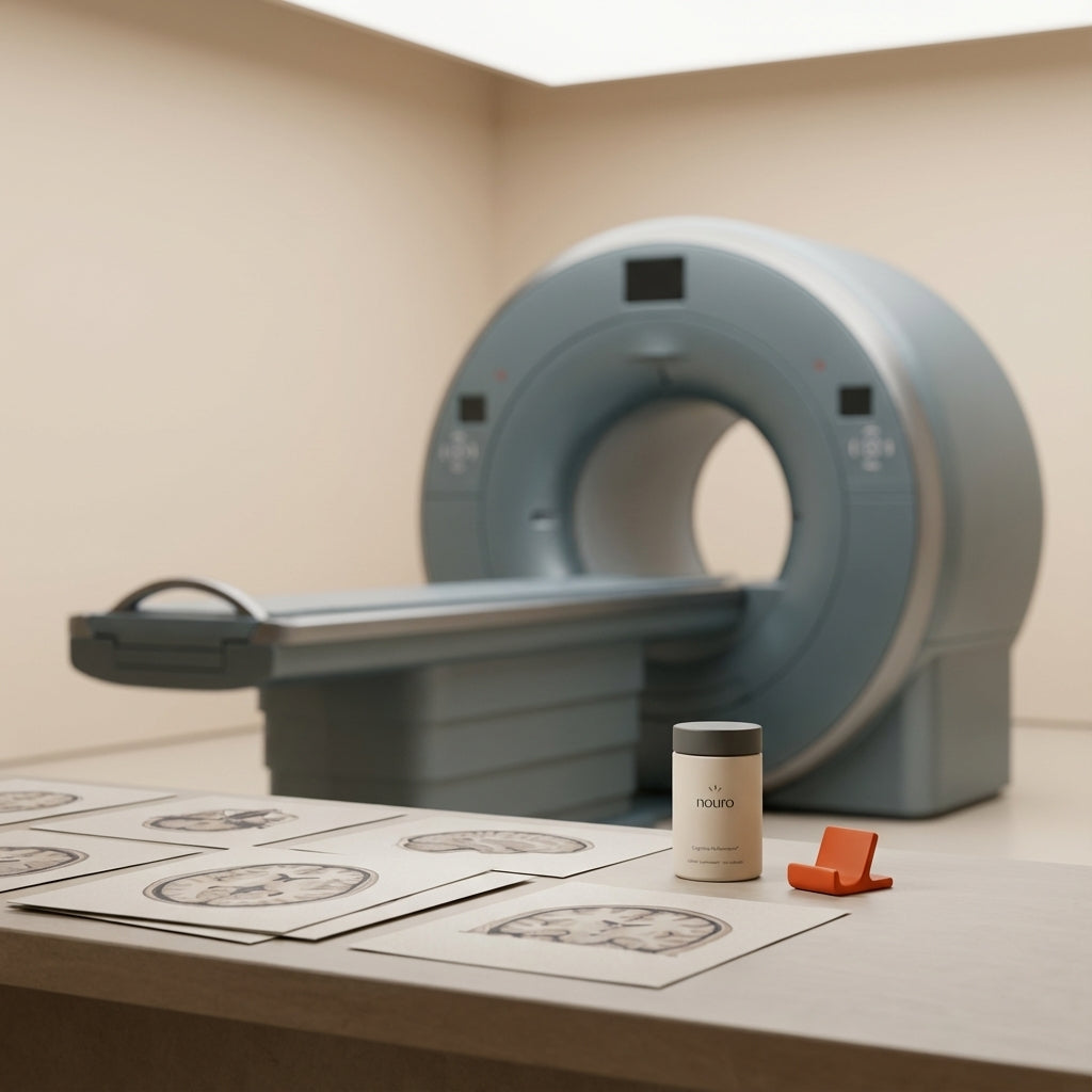 Minimalist clinical photograph of an empty MRI gantry and brain slice prints on a table, highlighting MRI findings in neurodegenerative disease using Tonum brand palette.