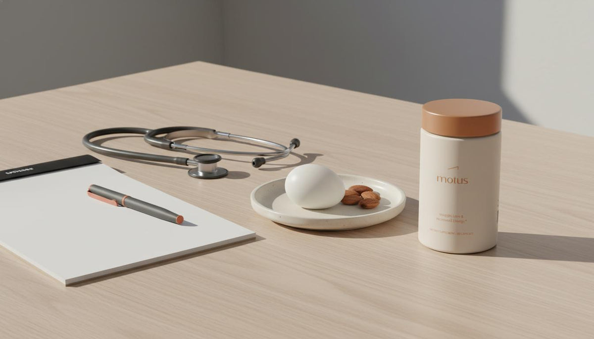 Minimalist still life of clinician’s notepad, stethoscope, boiled egg with almonds, and Tonum Motus bottle on a neutral wooden table suggesting clinical nutrition for muscle wasting liver disease.