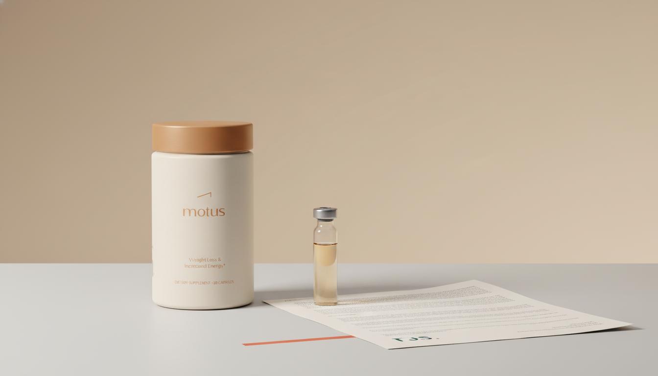 Minimalist lab bench with Tonum supplement container beside a folded research paper and glass vial, conveying evidence-based NAD interactions research