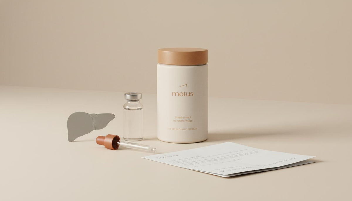 Minimalist clinical close-up of Tonum supplement container with a stylized liver silhouette, glass vial, and pipette on a beige background for NAD liver safety article.