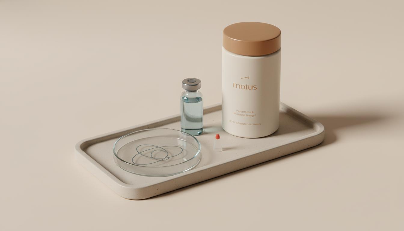 Minimalist lab still life with Tonum supplement container, glass vial, and petri dish showing an NAD-inspired double-ring molecule schematic on a neutral ceramic tray.