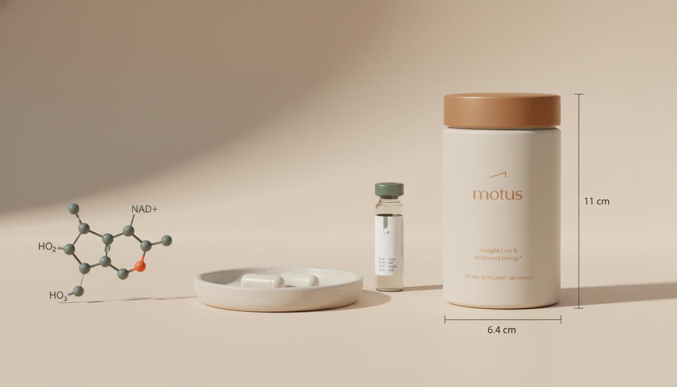 Minimalist still-life of ceramic dish with two capsules, NAD+ molecular illustration and Tonum supplement jar at the edge on a soft beige background — NAD supplement