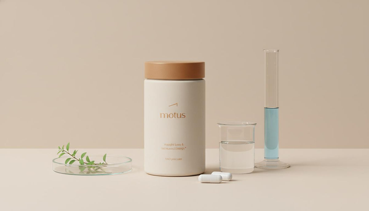 Minimalist still-life of Tonum NAD supplement vial with capsules and lab glassware on a beige #F2E5D5 background, conveying clinical, scientific-meets-nature wellness.