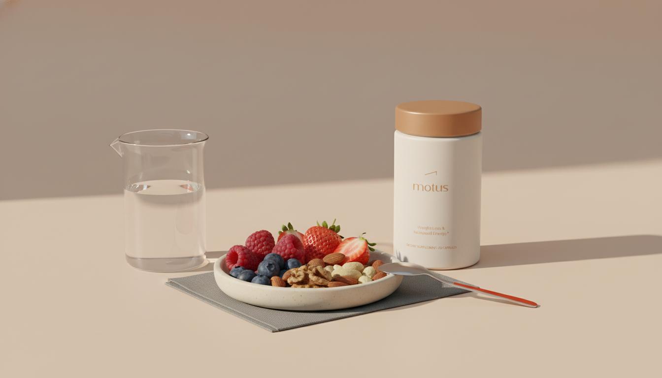 Minimalist Tonum still life showing an NAD supplement jar beside a beaker of water and a dish of berries and nuts on a soft beige background