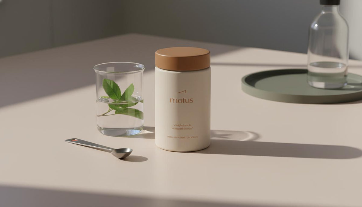 Minimalist lab bench with Tonum Motus supplement beside a glass beaker with green leaves, conveying research-backed NAD+ benefits for metabolism