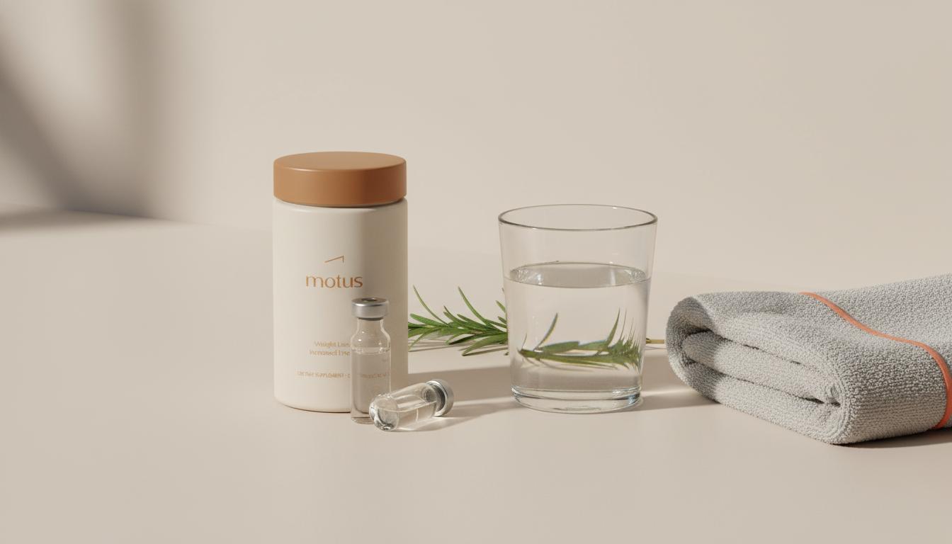 Minimalist Tonum Motus container on a beige tabletop with glass of water, folded workout towel, lab vial and sprig of greenery, evoking mitochondrial health and NAD+ for weight loss.