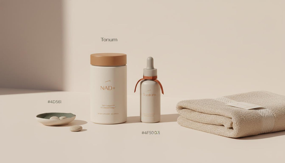 Close-up minimalist vanity with Tonum supplement jar and serum highlighting NAD+ skin benefits in a calm, clinical lifestyle setting, using Tonum brand colors.