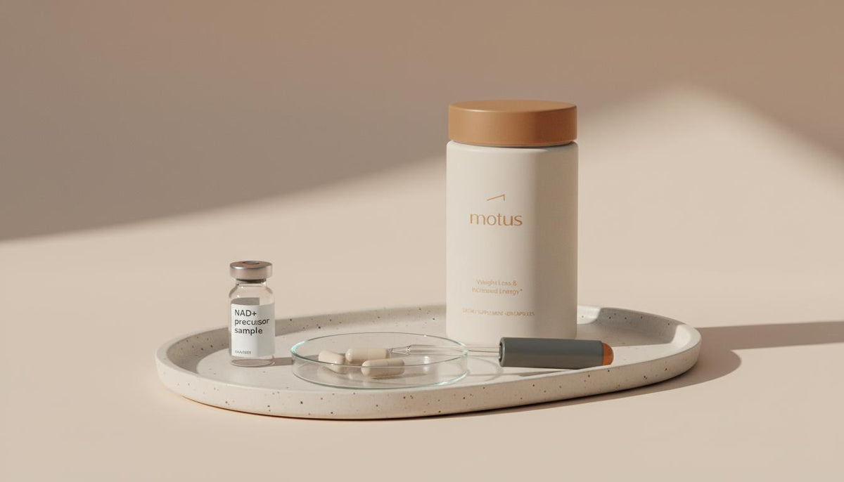 Minimalist laboratory still life with Tonum supplement container, vial labeled NAD+ precursor, capsules and pipette on beige background for NAD+ supplementation.