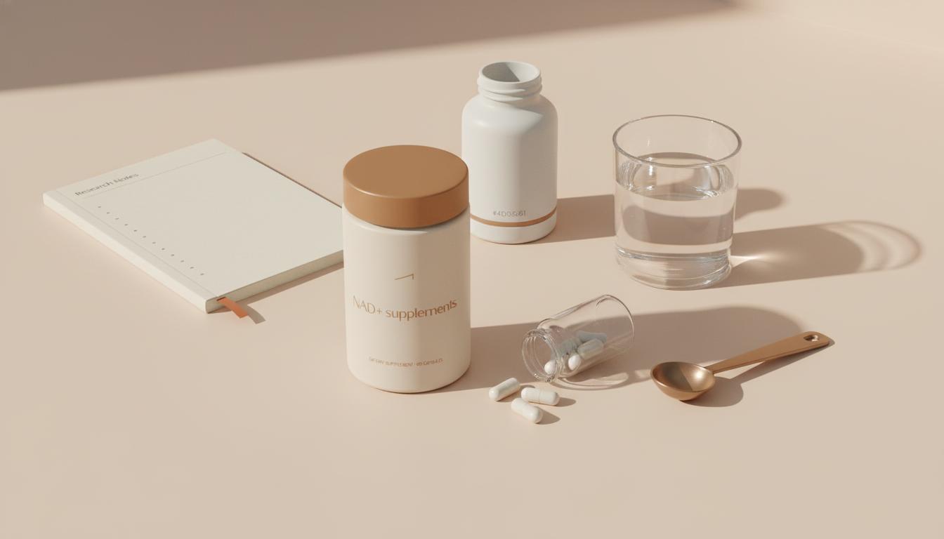 Minimal clinical still life: Tonum product labeled 'NAD+ supplements' beside open capsule vials, lab bottle, notebook, and a glass of water on a pale beige background