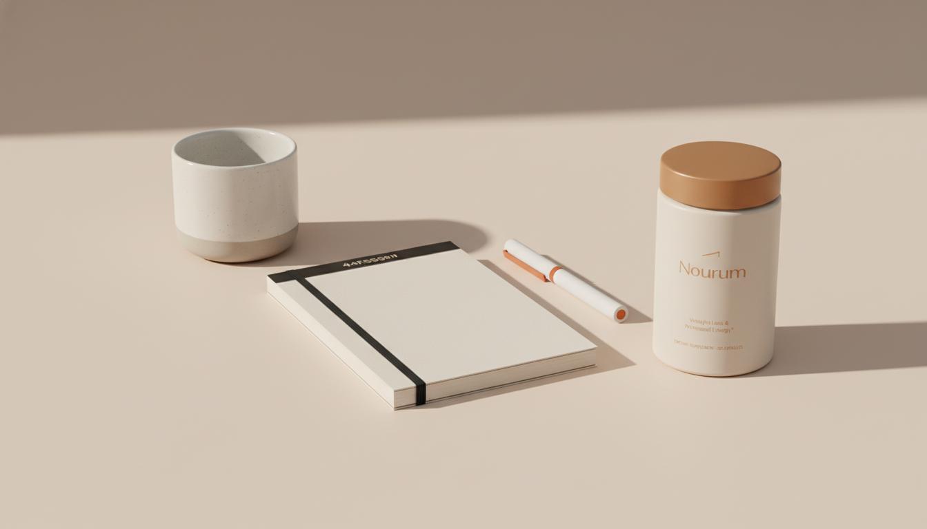 Minimalist still-life of a tidy desk with notebook, mug, pen and Tonum Nouro jar, evoking a natural Adderall alternative for calm, focused daily concentration.