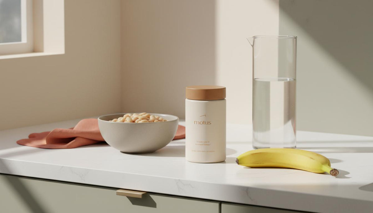 Minimalist kitchen counter with Tonum Motus beside a bowl of beans, peeled banana and water carafe, evoking food-first natural alternatives to Ozempic.