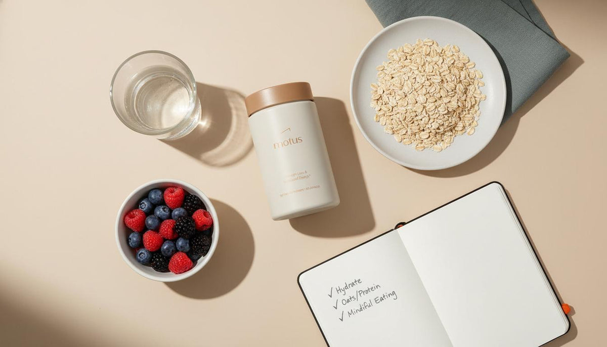 Minimalist flat-lay of Tonum Motus supplement with oats, berries, water and a notebook checklist on a beige background, conveying natural appetite control in a calm morning ritual.