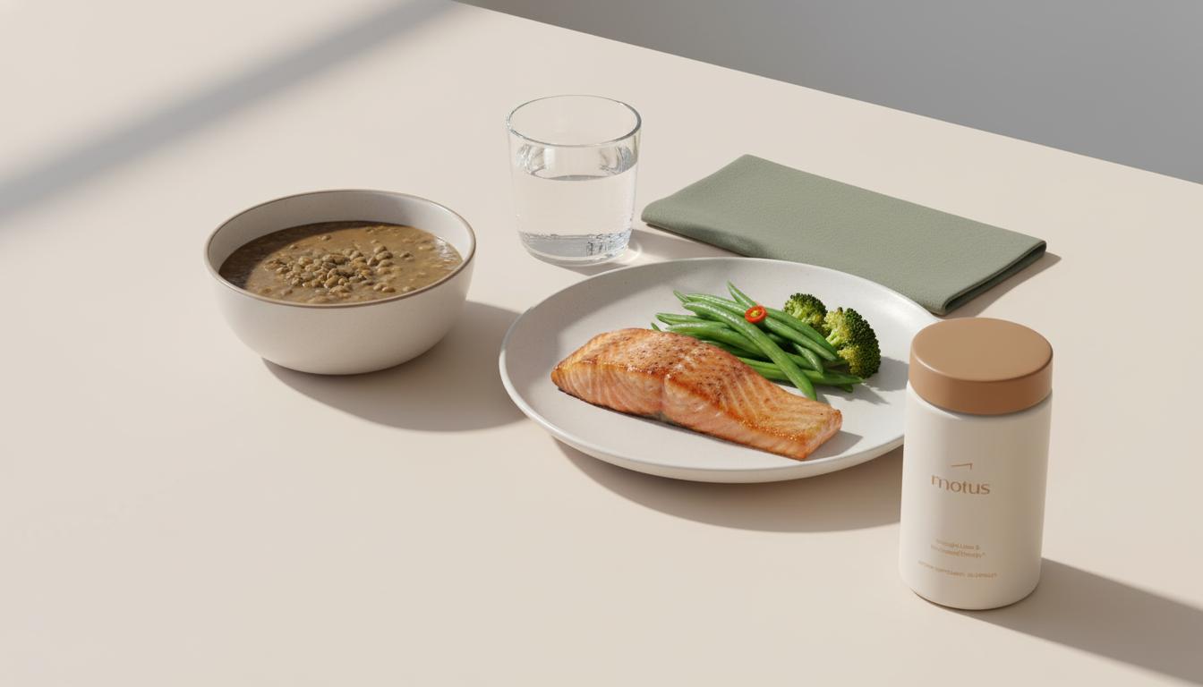 Minimalist dinner still-life with salmon, lentil soup, 500 ml water and a Tonum Motus container on a #F2E5D5 background — natural appetite suppressant lifestyle image