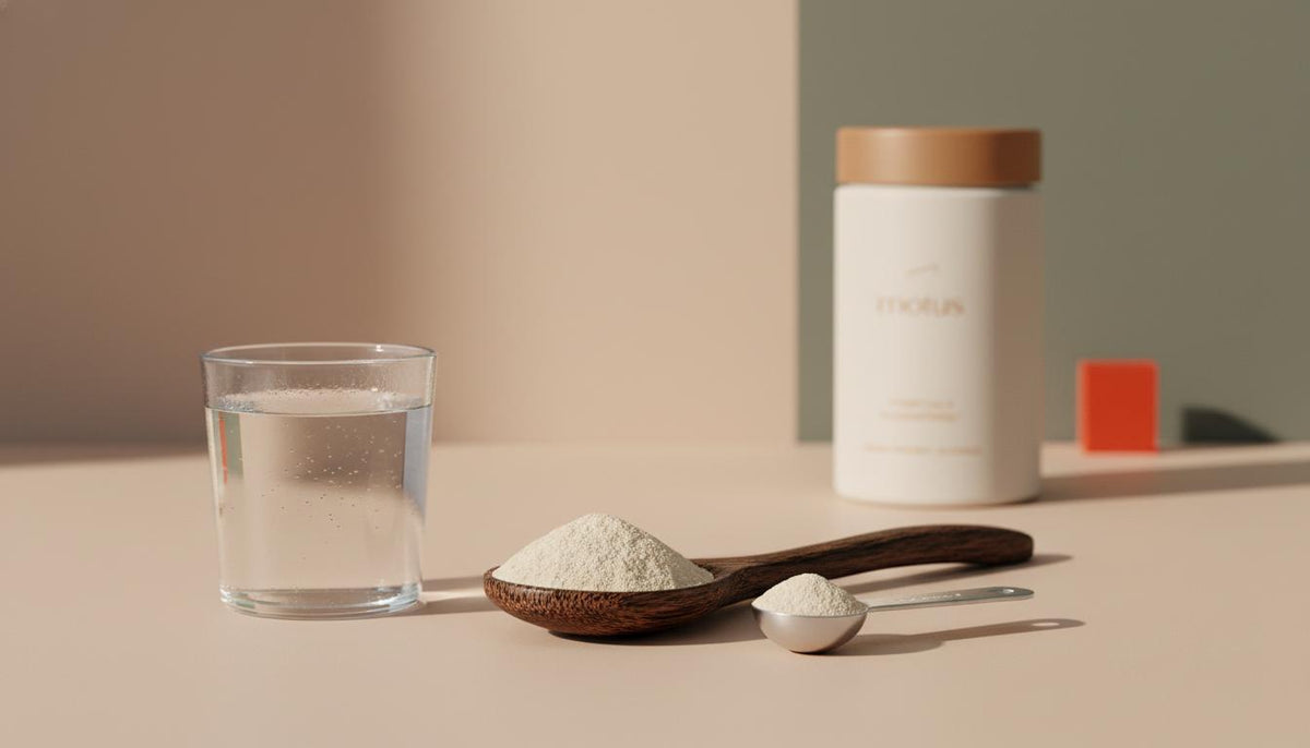Minimal still life: glass of water, charred wooden spoon with powdered fiber and a blurred Tonum supplement container in background, emphasizing natural appetite suppressants.