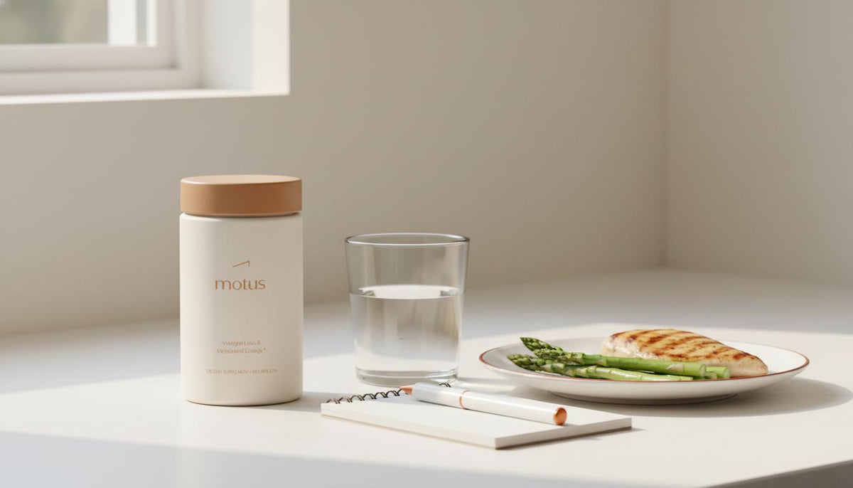 Minimalist kitchen still life with Tonum Motus container beside glass of water, plate of protein and vegetables and a notepad — natural appetite suppressants daily ritual.