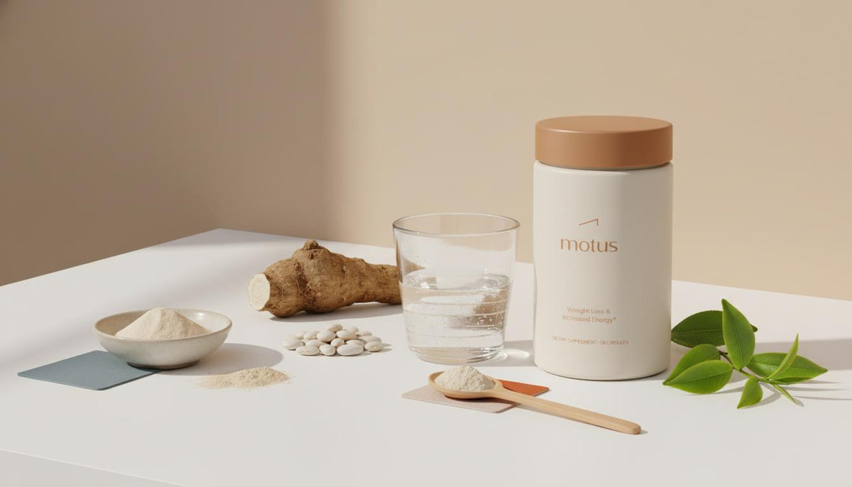 Minimalist still-life of Tonum Motus container with konjac root, dried beans, protein powder bowl, green tea sprig and glass of water on beige background illustrating natural appetite suppressants.