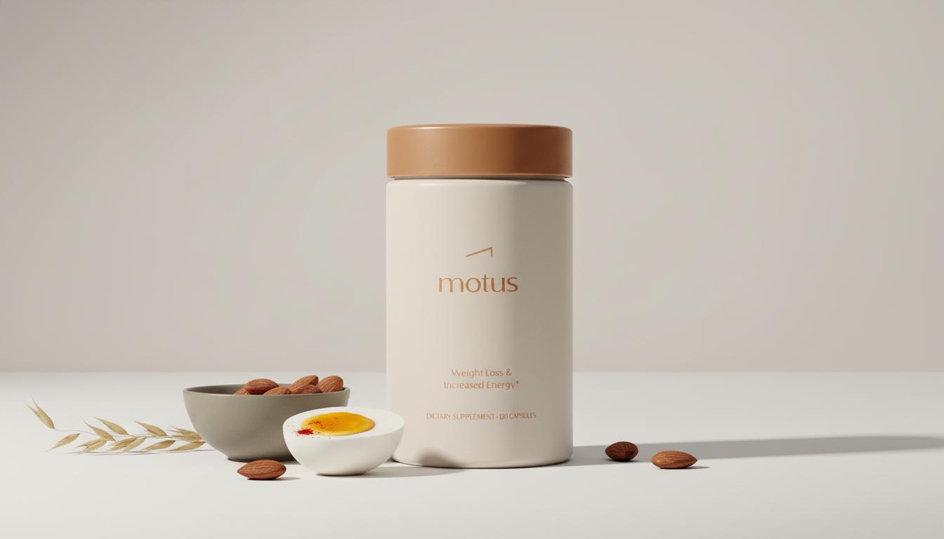 Minimalist studio photo of Motus supplement container with almonds, a peeled egg half and oats on beige background representing natural appetite suppressants and balanced nutrition.