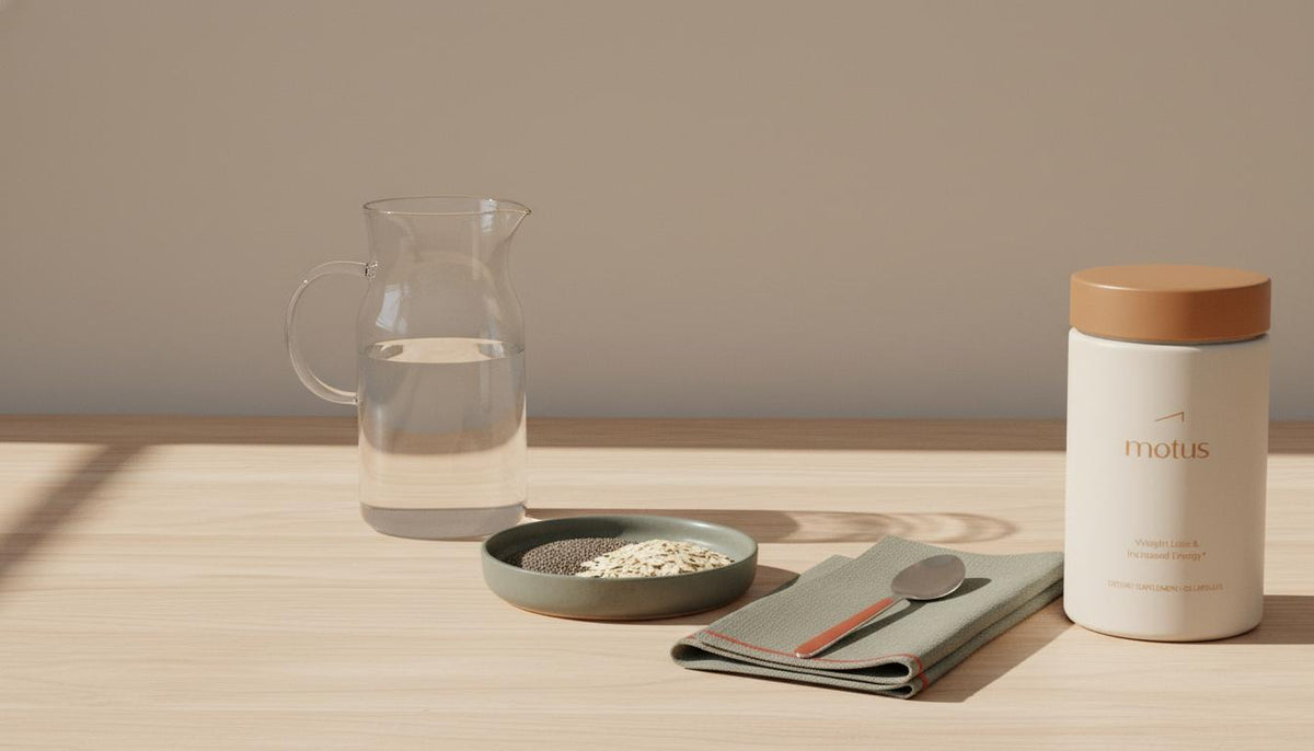 Minimalist still-life of Tonum Motus container with glass carafe, chia and oats on a wooden table, evoking natural appetite suppression and measured morning routine