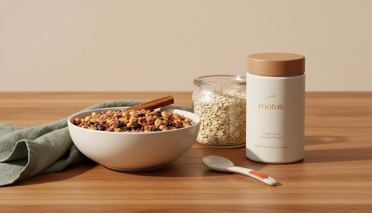 Minimalist still-life of legumes, whole oats jar, cinnamon and a Tonum Motus supplement on a wooden table, highlighting natural blood sugar reducers and evidence-based nutrition.