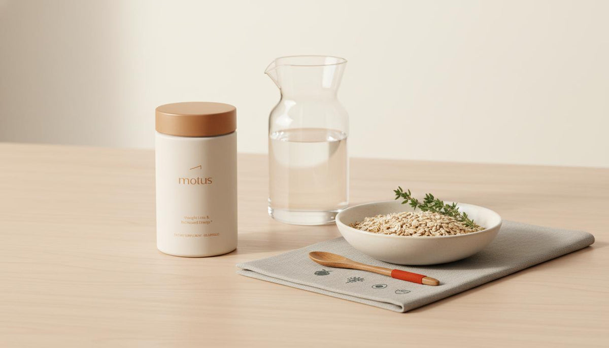 Tonum supplement jar beside a bowl of whole grains and a glass carafe on a light wooden table, minimalist scene evoking measured nutrition and a natural carb blocker for daily wellness.