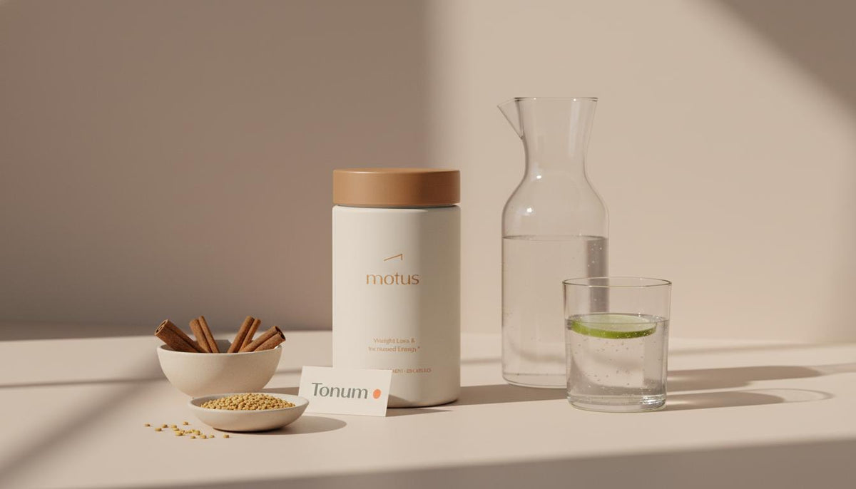 Minimalist still life of Tonum Motus container beside a carafe and a glass with apple cider vinegar spritz and bowls of cinnamon and fenugreek — natural drinks to lower blood sugar