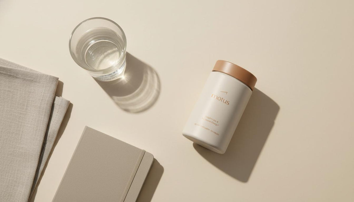 Minimalist full-frame shot of Tonum Motus supplement on pale beige tabletop with linen napkin, glass of water and notebook — natural fat burner.