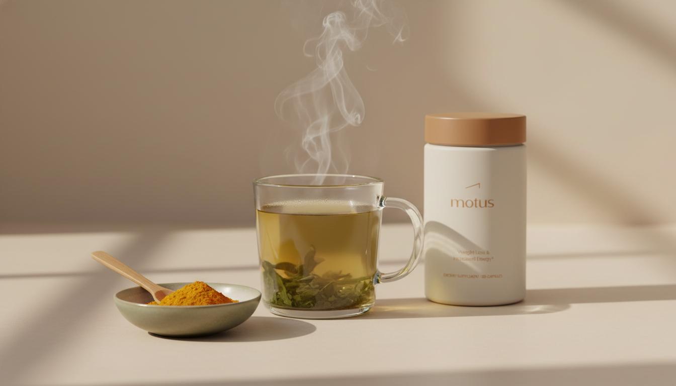 Minimalist still-life of green tea, open turmeric jar with wooden spoon, and Tonum supplement container on a beige countertop, suggesting natural liver detox side effects
