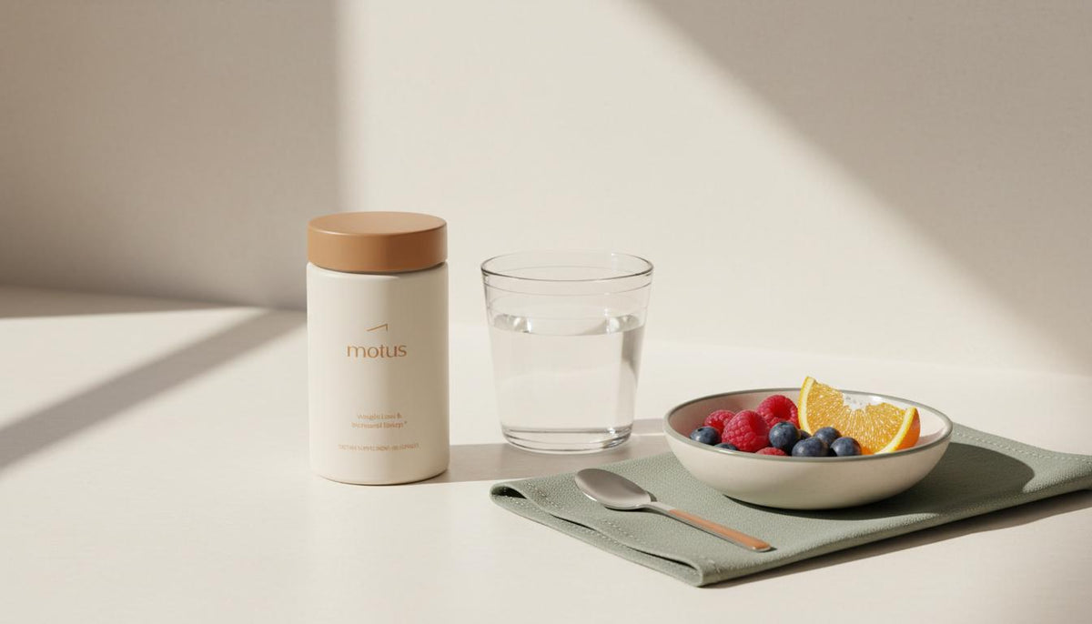 Minimalist kitchen countertop with Tonum Motus supplement bottle, bowl of berries and glass of water, illustrating natural Ozempic alternatives