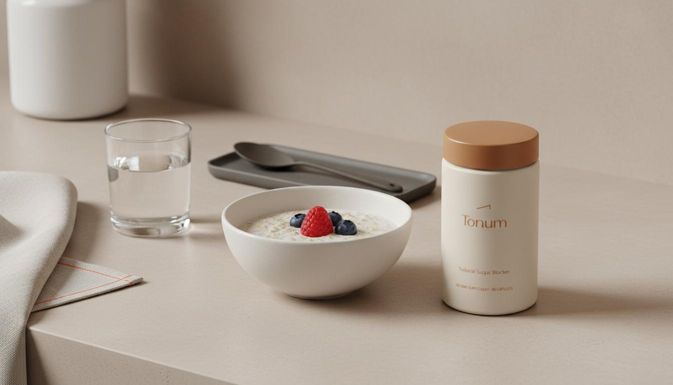 Minimalist kitchen still life with oatmeal and berries, a glass of water and Tonum supplement jar labeled natural sugar blocker on a soft #F2E5D5 background.