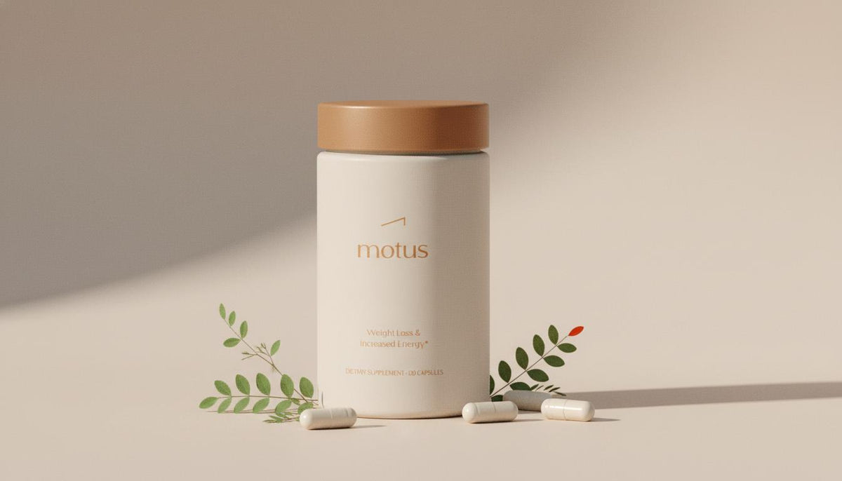 Minimalist Tonum Motus bottle with berberine leaves and capsules on beige background, illustrating a natural supplement that mimics semaglutide