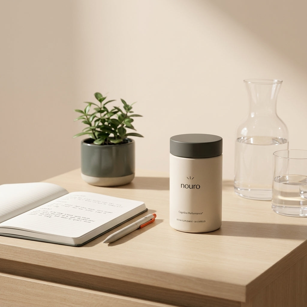 Minimalist bedside scene with Tonum supplement jar, open notebook, small plant and water in soft morning light, suggesting brain health routine and neurodegenerative disease care.