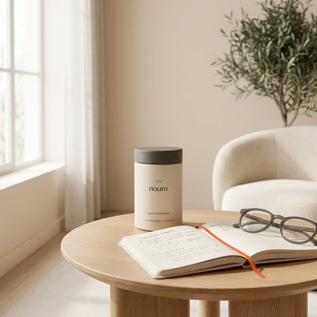 Minimalist clinical living space with Tonum Nouro bottle on a wooden table beside an open notebook and reading glasses, suggesting care for neurodegenerative diseases.
