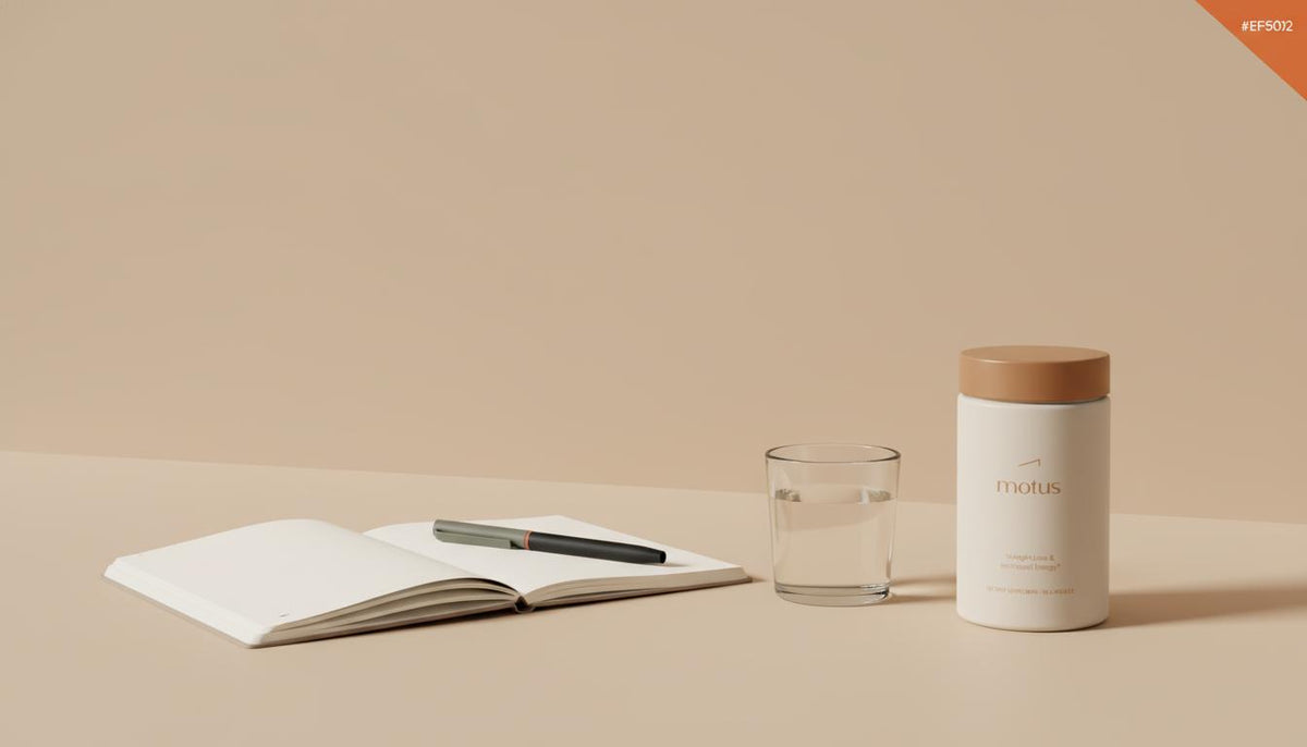 Minimalist tabletop scene with Tonum Nouro container, notebook, glass of water and pen on beige background, conveying routines that help prevent neurotransmitter depletion.