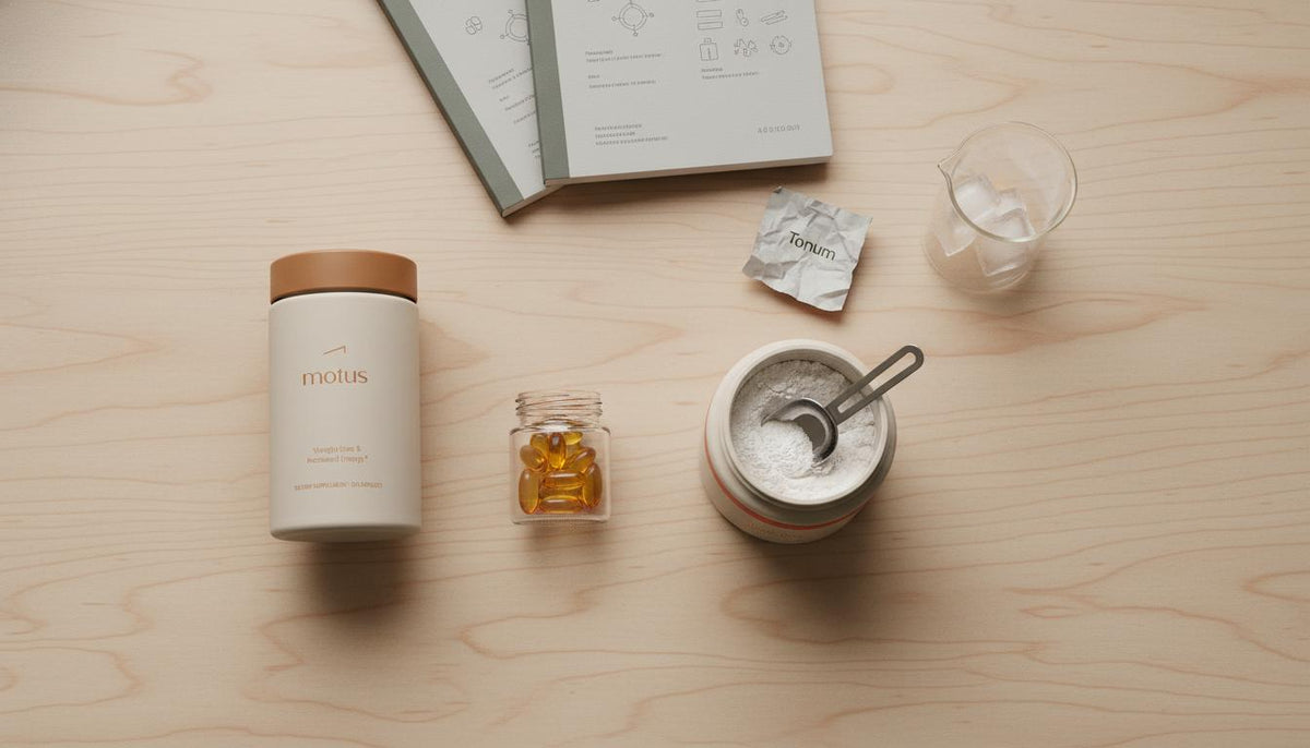 Top-down minimalist flatlay of supplement ingredients and the Tonum product on a beige background for neurotransmitter supplements, calm clinical wellness setup.