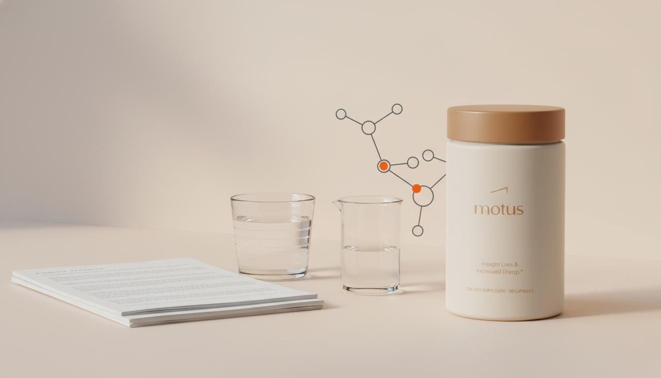 Minimalist desktop scene for neurotransmitter testing with Tonum Nouro container, medical notes, glass of water and lab beaker with stylized molecules on beige (#F2E5D5).