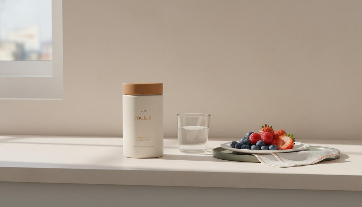 Minimalist clinical kitchen banner with Tonum Motus container beside a glass of water and plate of berries, calm scientific lifestyle mood — new weight loss drug in trials