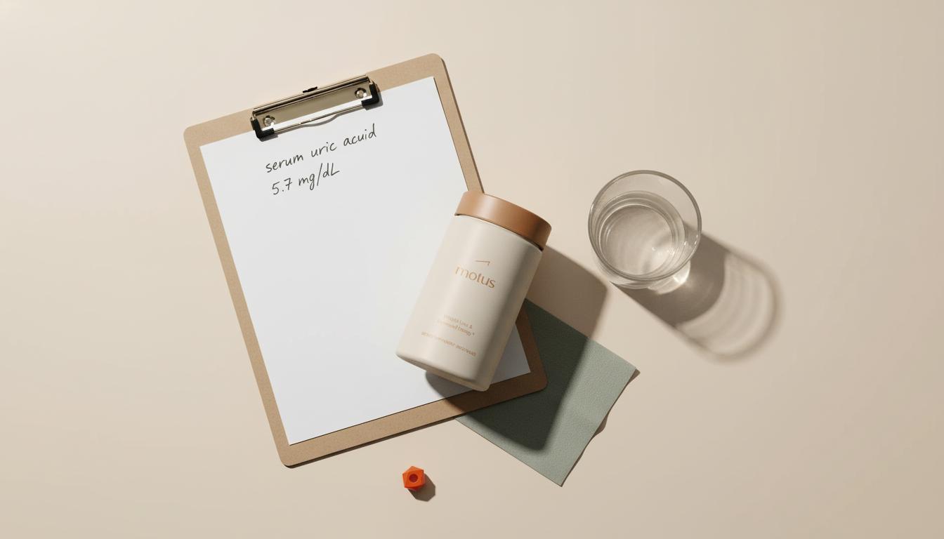 Minimal flat-lay showing a Tonum Motus supplement jar beside a glass of water and a clipboard with a handwritten 'serum uric acid' result — visual for niacin and gout.