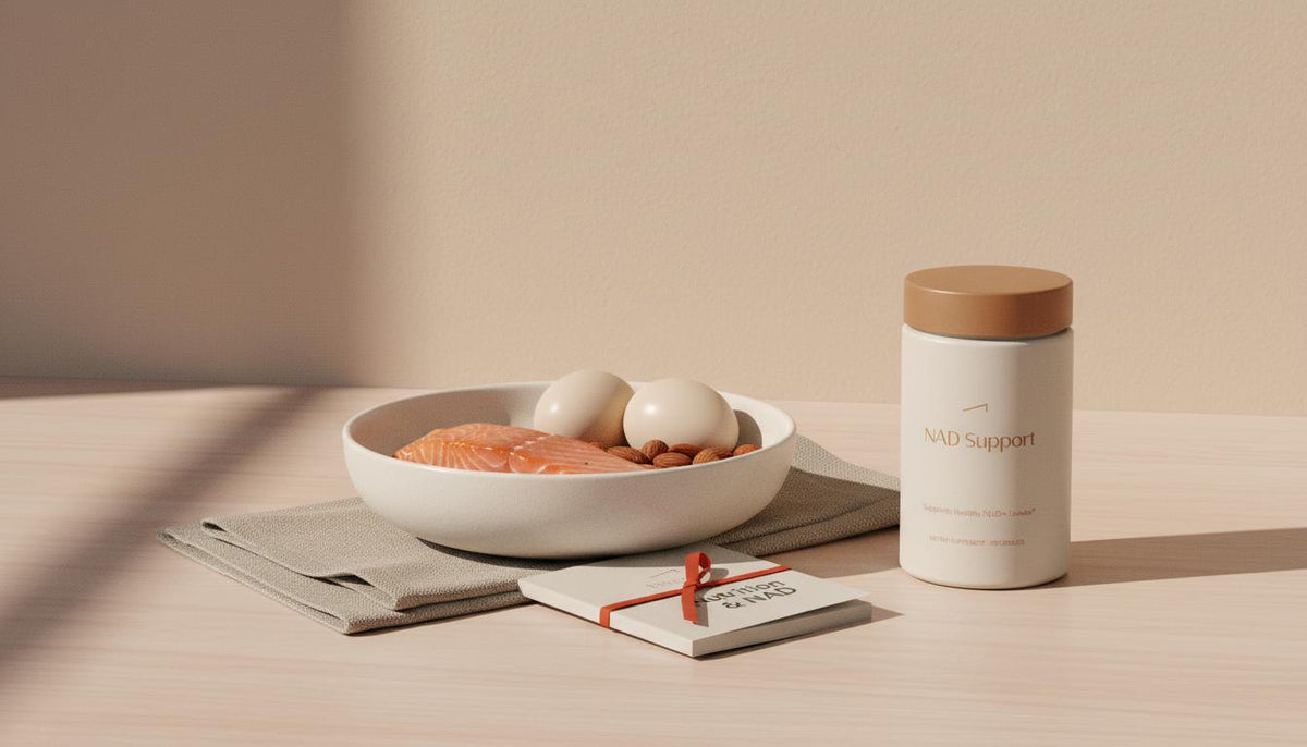 Minimal still-life of niacin-rich foods (salmon, eggs, almonds) with Tonum supplement container and a 'Nutrition & NAD' booklet on a clean table, illustrating niacin deficiency.