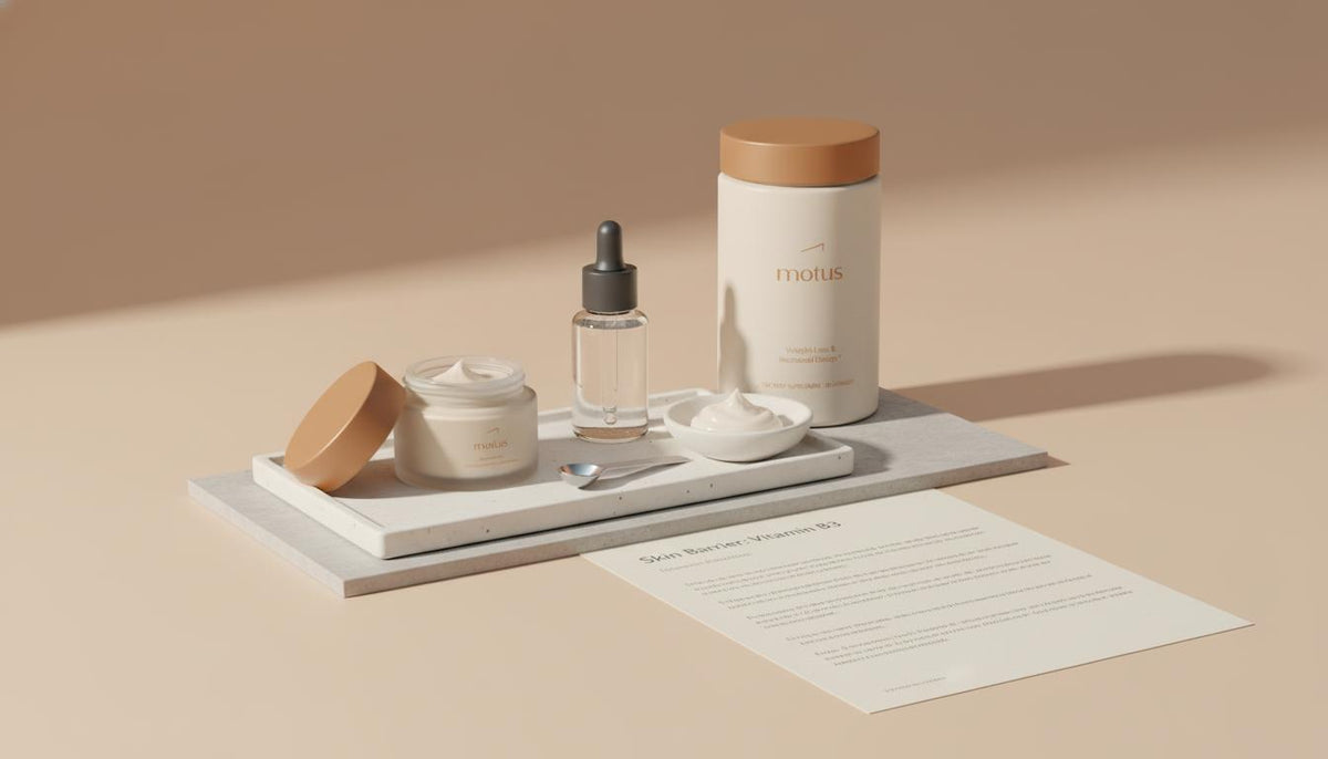 Minimalist clinical desktop with skincare items and a research sheet titled 'Skin Barrier: Vitamin B3', Tonum product from reference visible — niacin for psoriasis