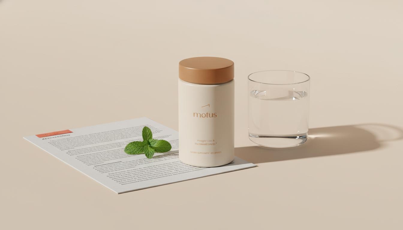 Minimalist still-life of Tonum supplement container, glass of water, folded research paper and mint sprig on a #F2E5D5 background, evoking nicotinamide drug interactions research.
