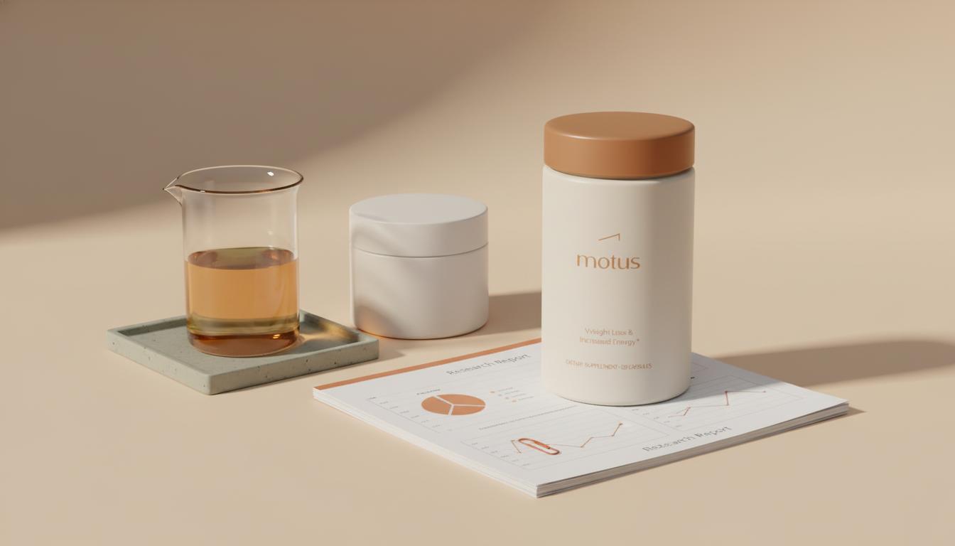 Minimal still-life of an amber lab beaker, matte cream jar, research report and Tonum supplement container on beige background, showcasing nicotinamide context