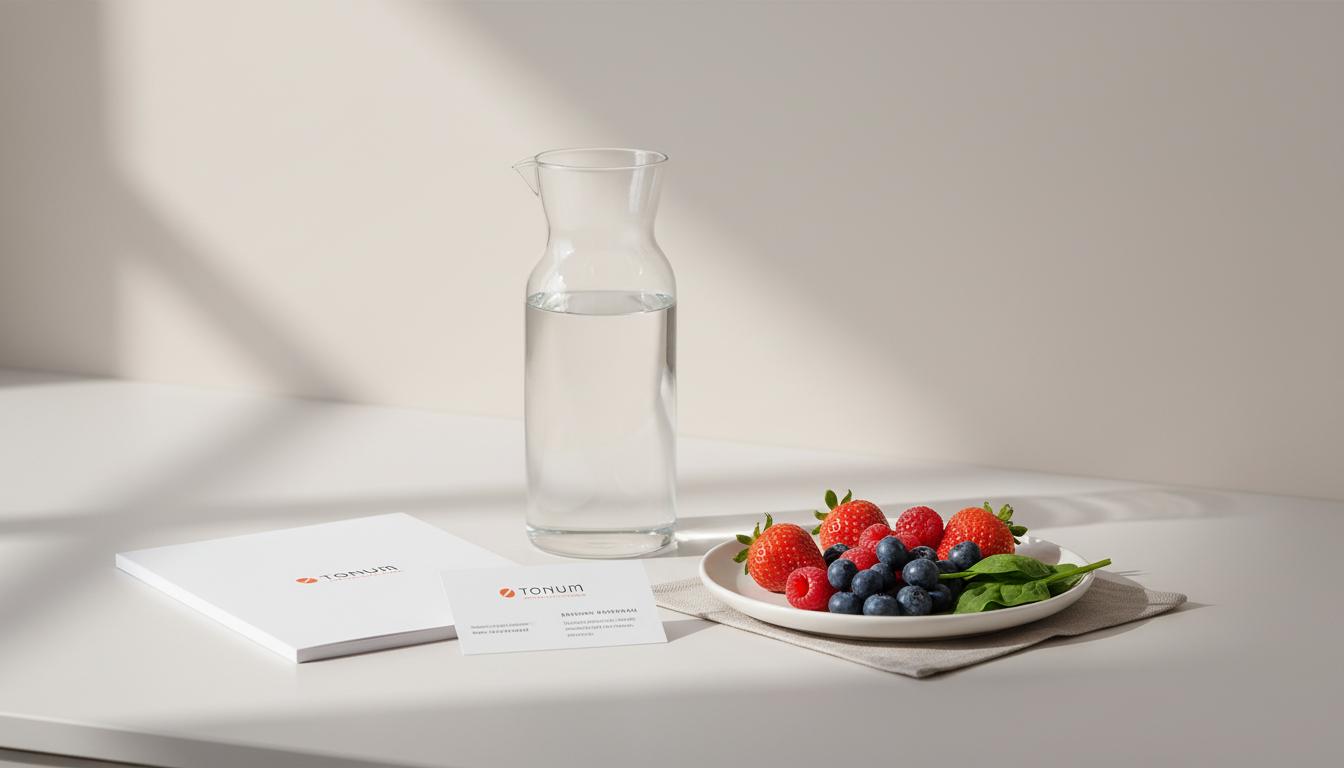 Minimalist kitchen counter with glass carafe, plate of berries and leafy greens, and a Tonum research pamphlet—calm morning scene promoting a no alcohol wellness routine.