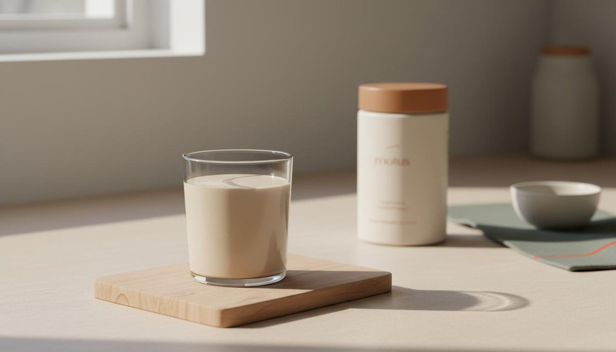 Minimalist kitchen scene with a creamy morning smoothie on a wooden board and a Tonum Motus supplement container subtly placed in the background, addressing no appetite.