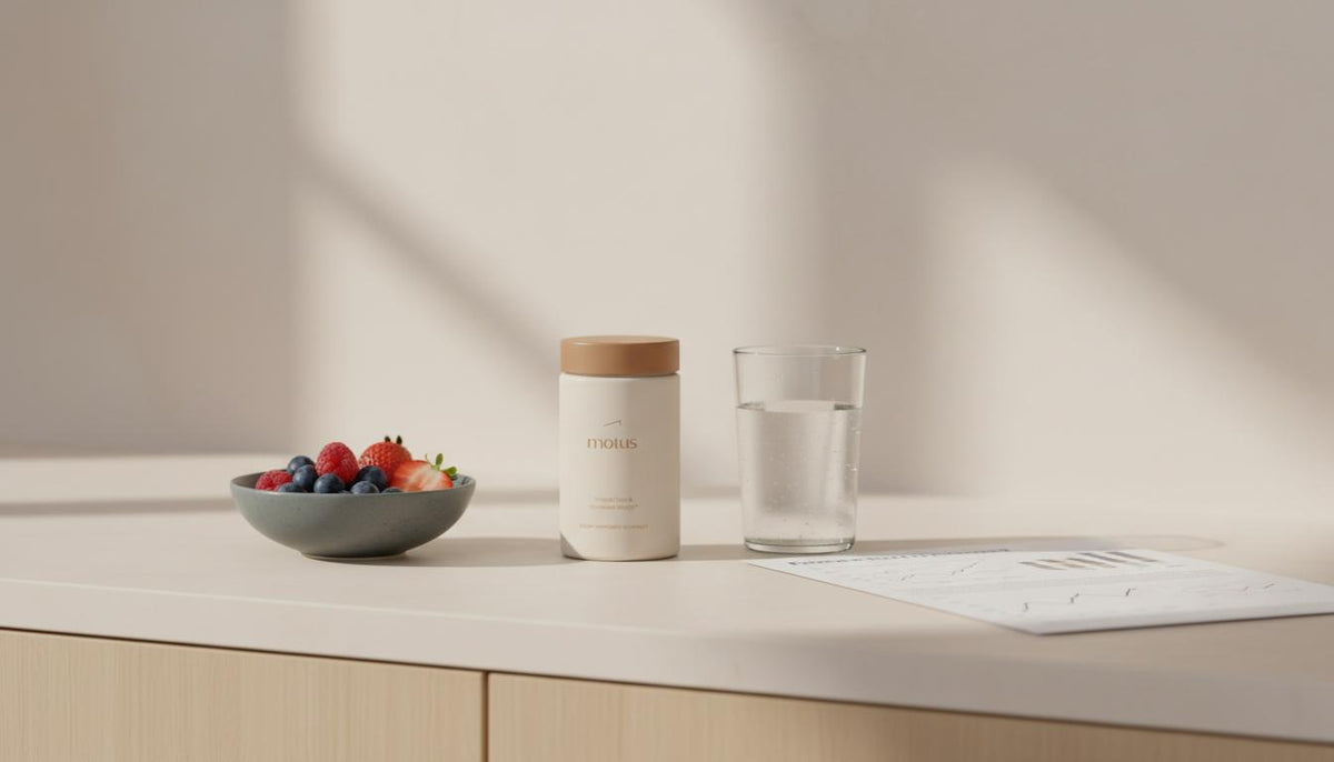 Minimalist kitchen counter with Tonum Motus bottle beside a bowl of mixed berries and a glass of water, subtle research charts in background suggesting evidence-based nutrition for nonalcoholic fatty liver life expectancy.