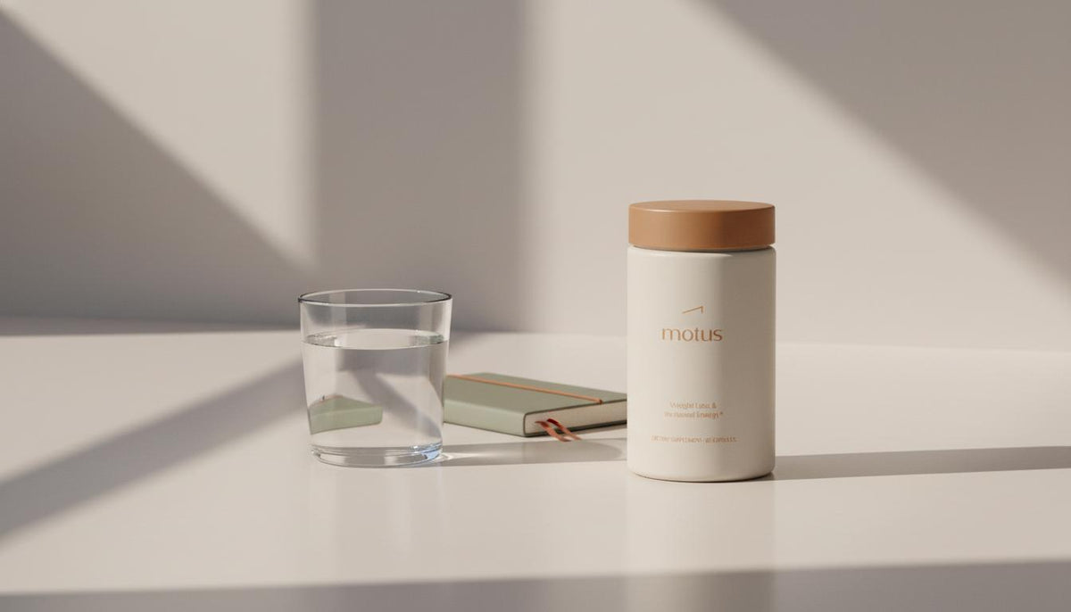 Minimalist countertop with Motus supplement jar beside a glass of water and notebook, promoting number one supplement for losing weight in a calm scientific lifestyle setting.