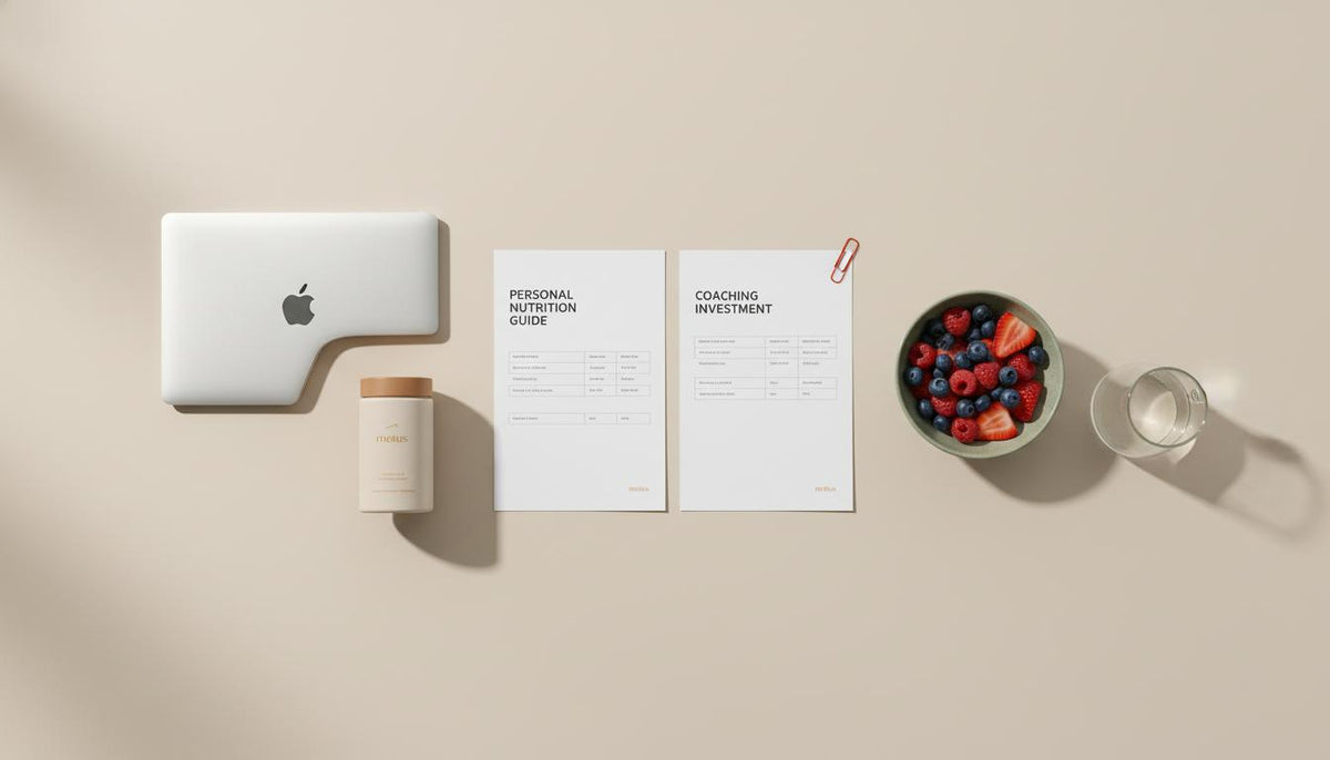Minimalist flat-lay of laptop, printed nutrition plan and pricing worksheet with Tonum supplement jar, bowl of berries and carafe on beige desk — online nutrition coach pricing