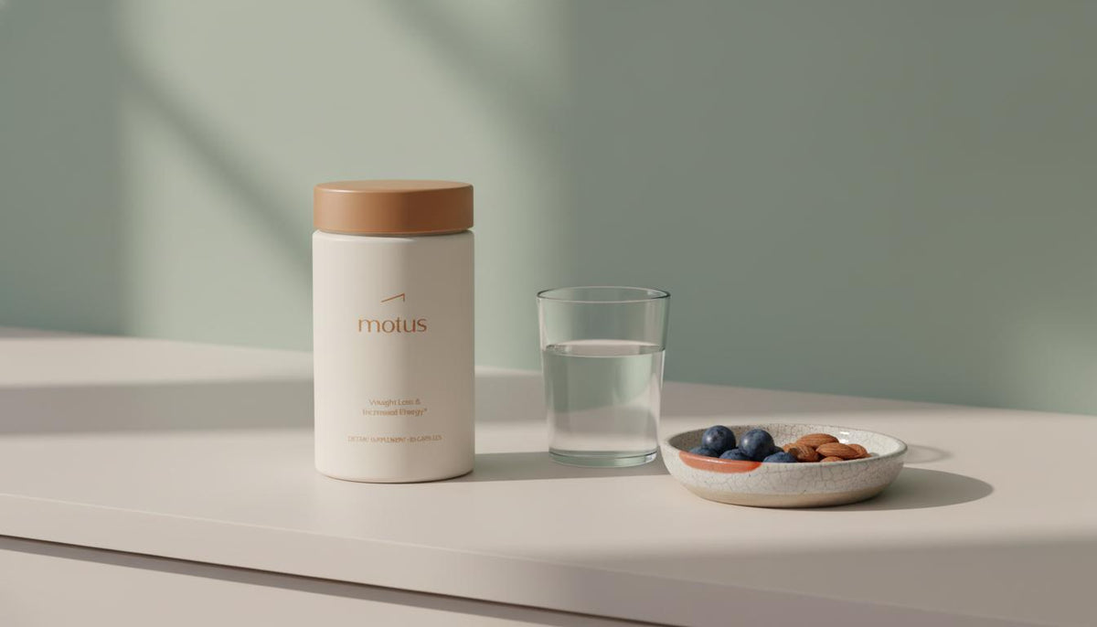Minimalist kitchen counter with Tonum Motus container beside a glass of water and a small dish of berries and nuts in soft natural light; oral weight loss medication.