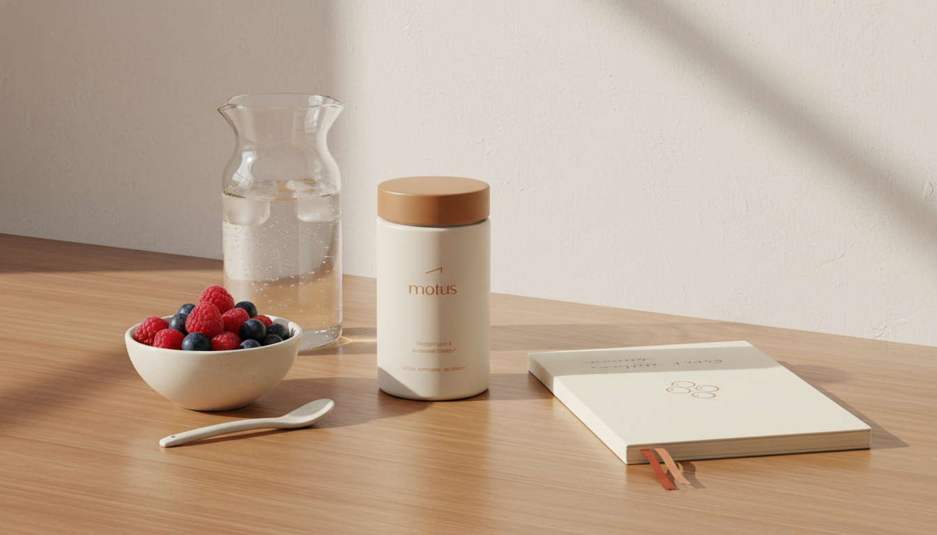 Minimalist kitchen scene with Motus supplement jar beside a glass carafe, bowl of berries, and notebook — contextual image for OTC appetite suppressants.
