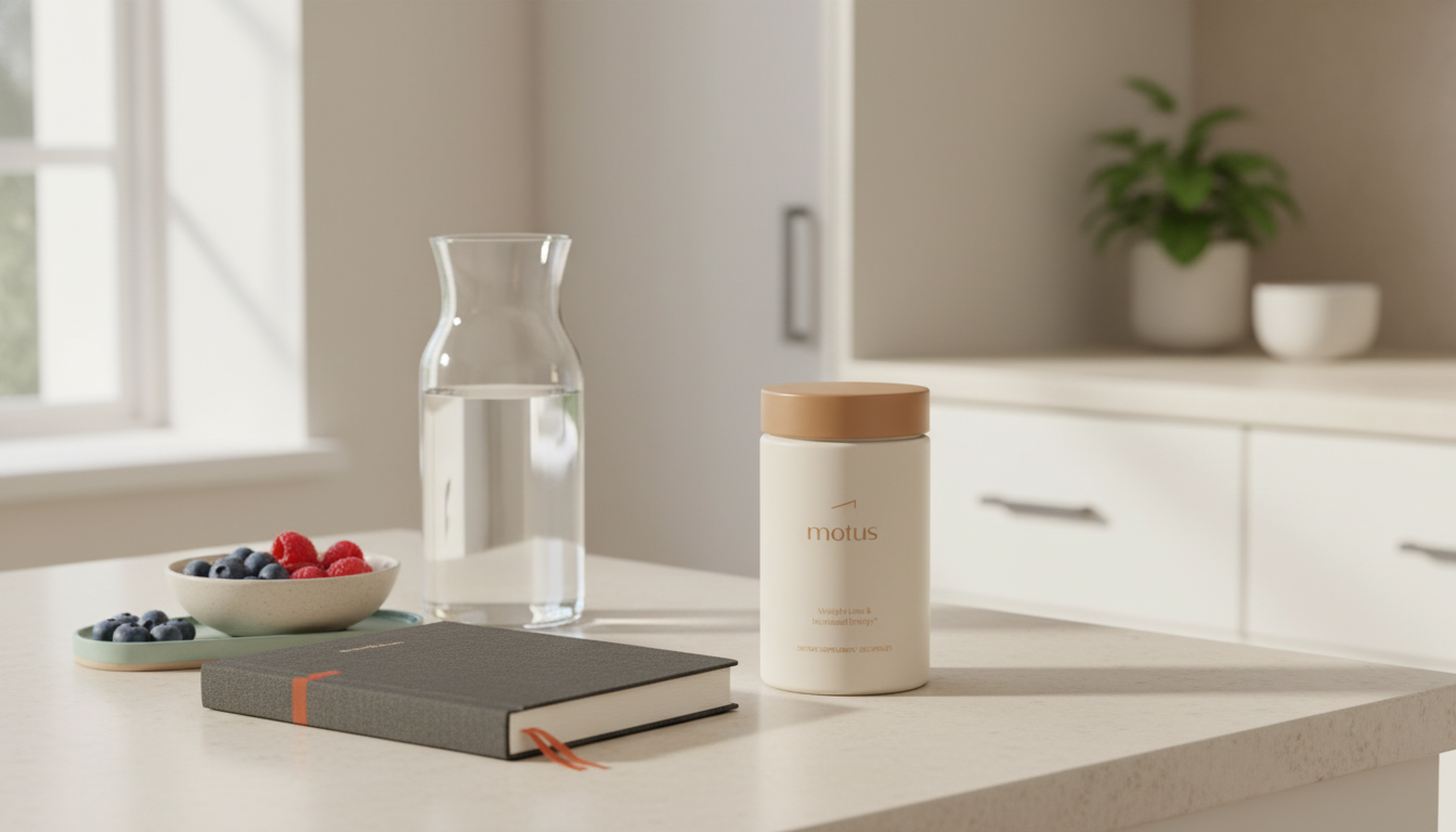 Minimalist kitchen counter with Motus bottle beside glass carafe, bowl of berries and closed notebook — OTC appetite suppressants product in Tonum colors.