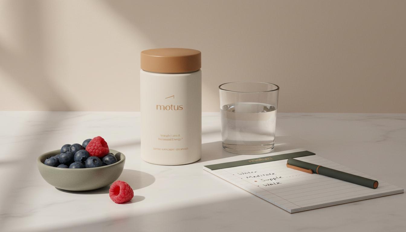 Minimalist kitchen still-life with a Tonum Motus container beside a glass of water, small bowl of berries and a notepad — illustrating over the counter diet supplements in a calm, scientific lifestyle scene.